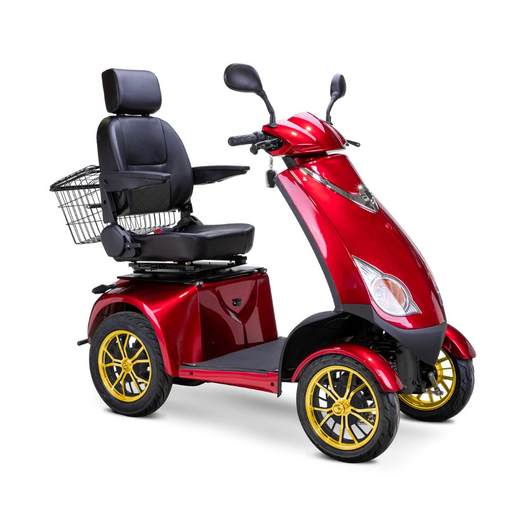 The Bespoke Platinum Recreational 4-Wheel Scooter with Electric Brake Assist features a shiny red finish, high-performance motor, gold rims, high-backed black seat with armrests, handlebars, and a rear metal basket.